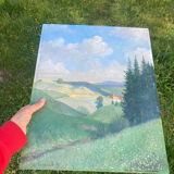 Old oil painting on wood panel / painting of a landscape