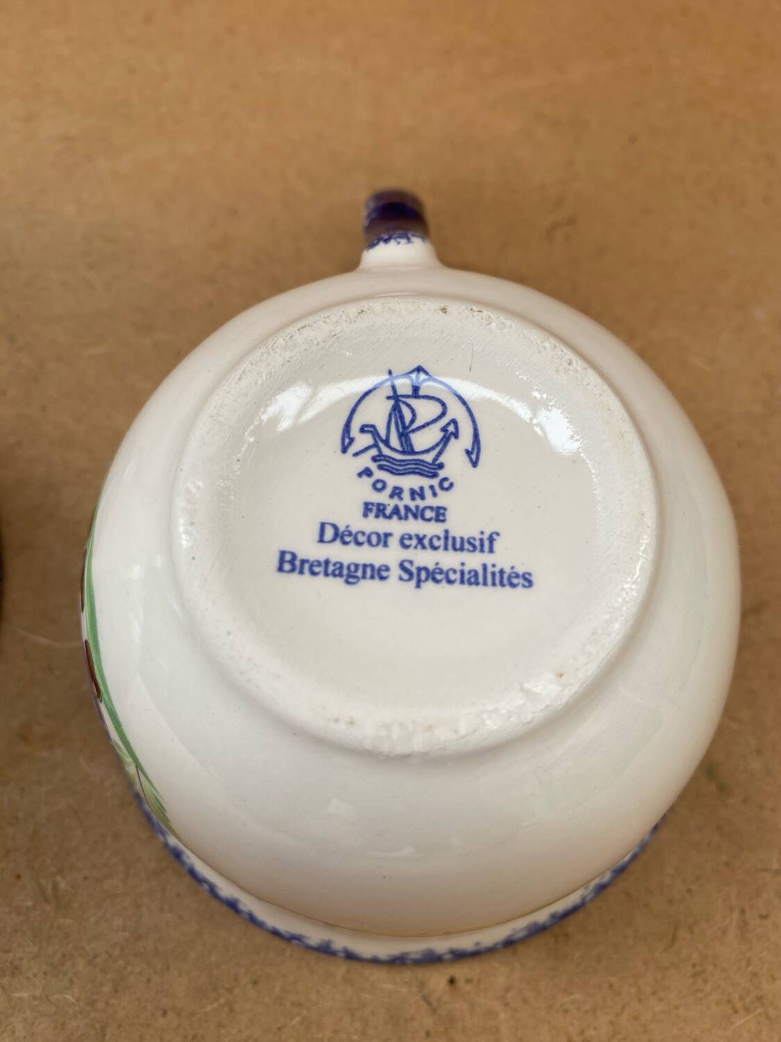 Paire ancienne tasse pornic céramique blanc bleu france vintage #b286