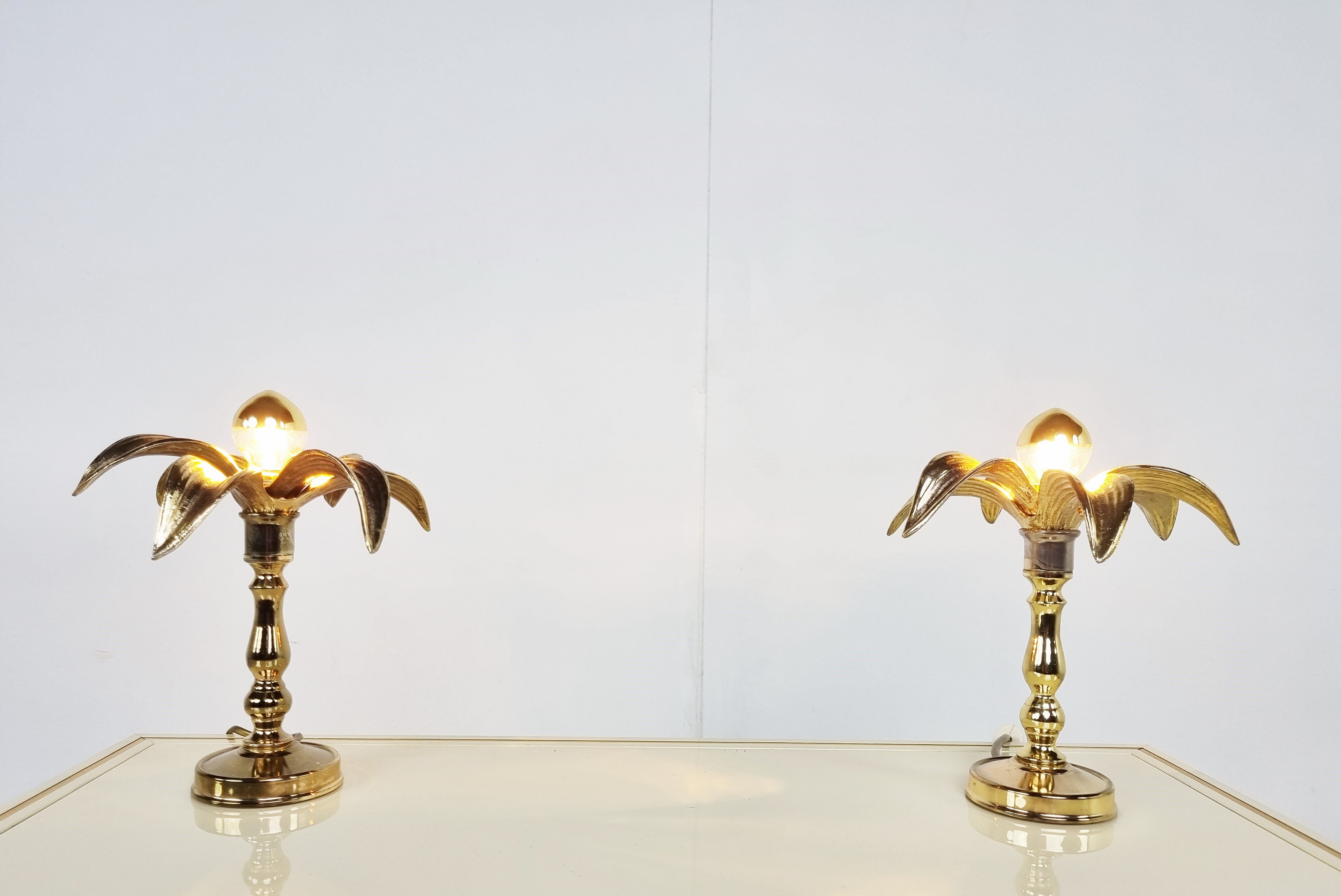 Pair of brass flower table lamps, 1970s