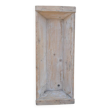 Large whitewashed wooden trench, solid driftwood, 1940s farmhouse style.