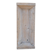Large whitewashed wooden trench, solid driftwood, 1940s farmhouse style.