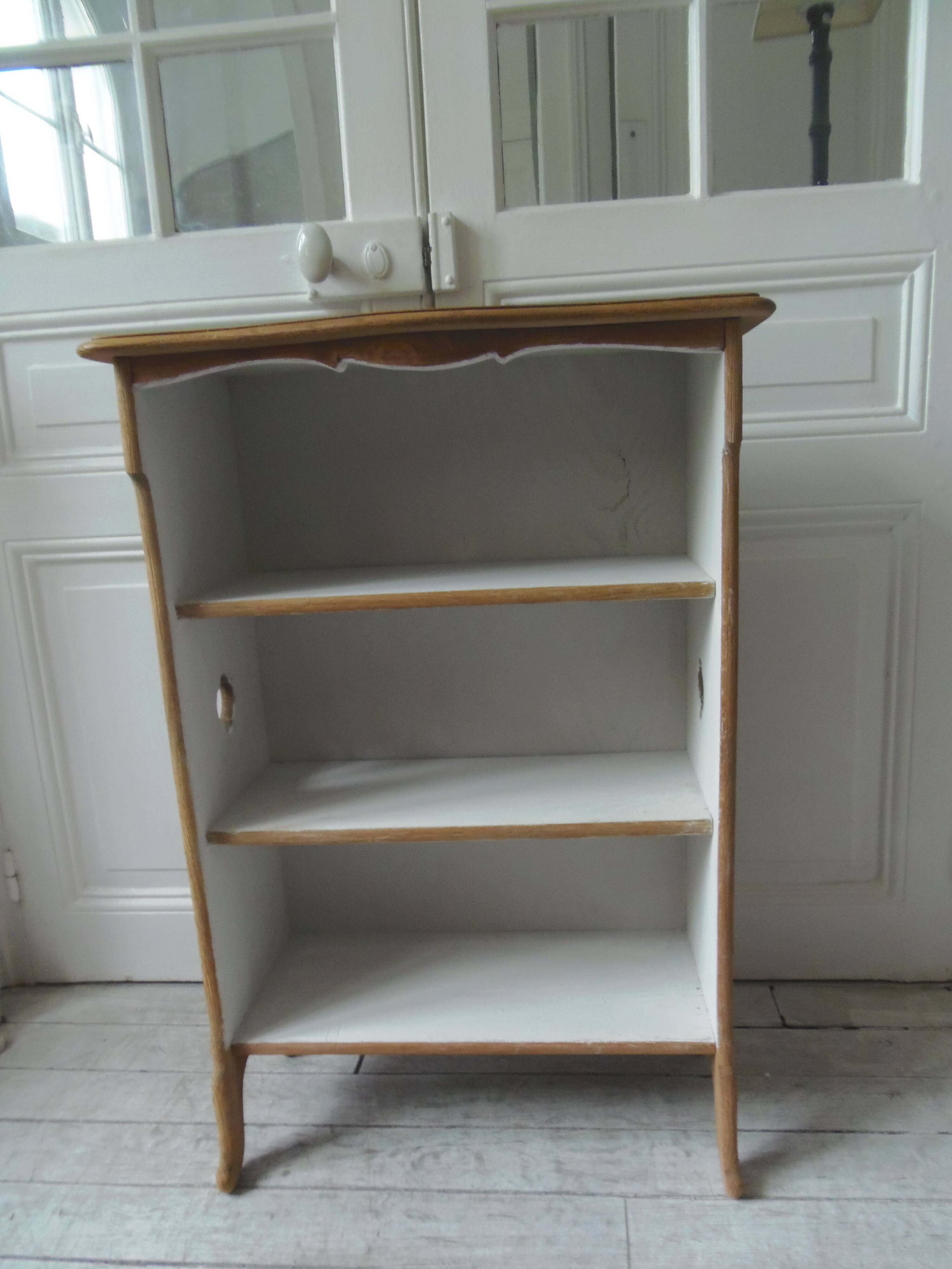 Vintage low depth bookcase in pearl grey interior oak with waxed finish.