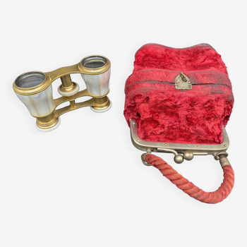 Pair of theater binoculars, mother-of-pearl, gilded brass, 19th century, faye, paris, coin purse case