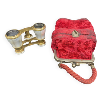 Pair of theater binoculars, mother-of-pearl, gilded brass, 19th century, faye, paris, coin purse case