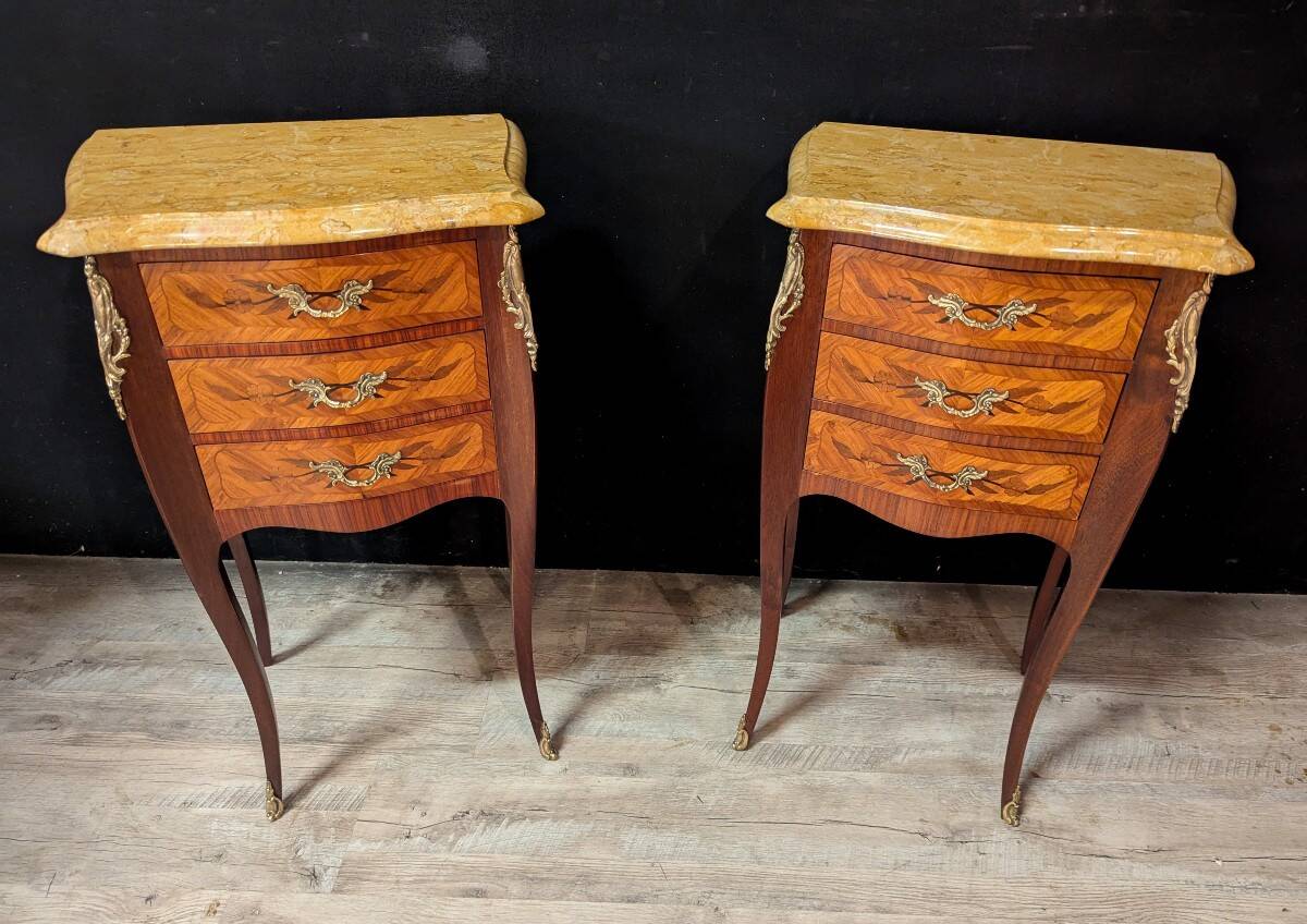 Louis XV style commode with marquetry and its pair of bedside tables.