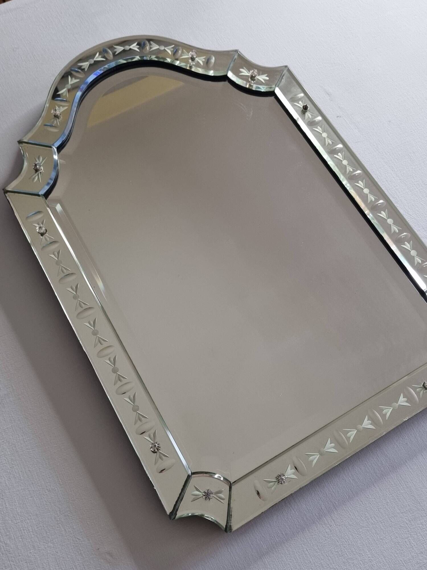 Vintage Venetian Beveled Edge Mirror with Engravings and Cabochons, 1950s, 62 x 44 cm