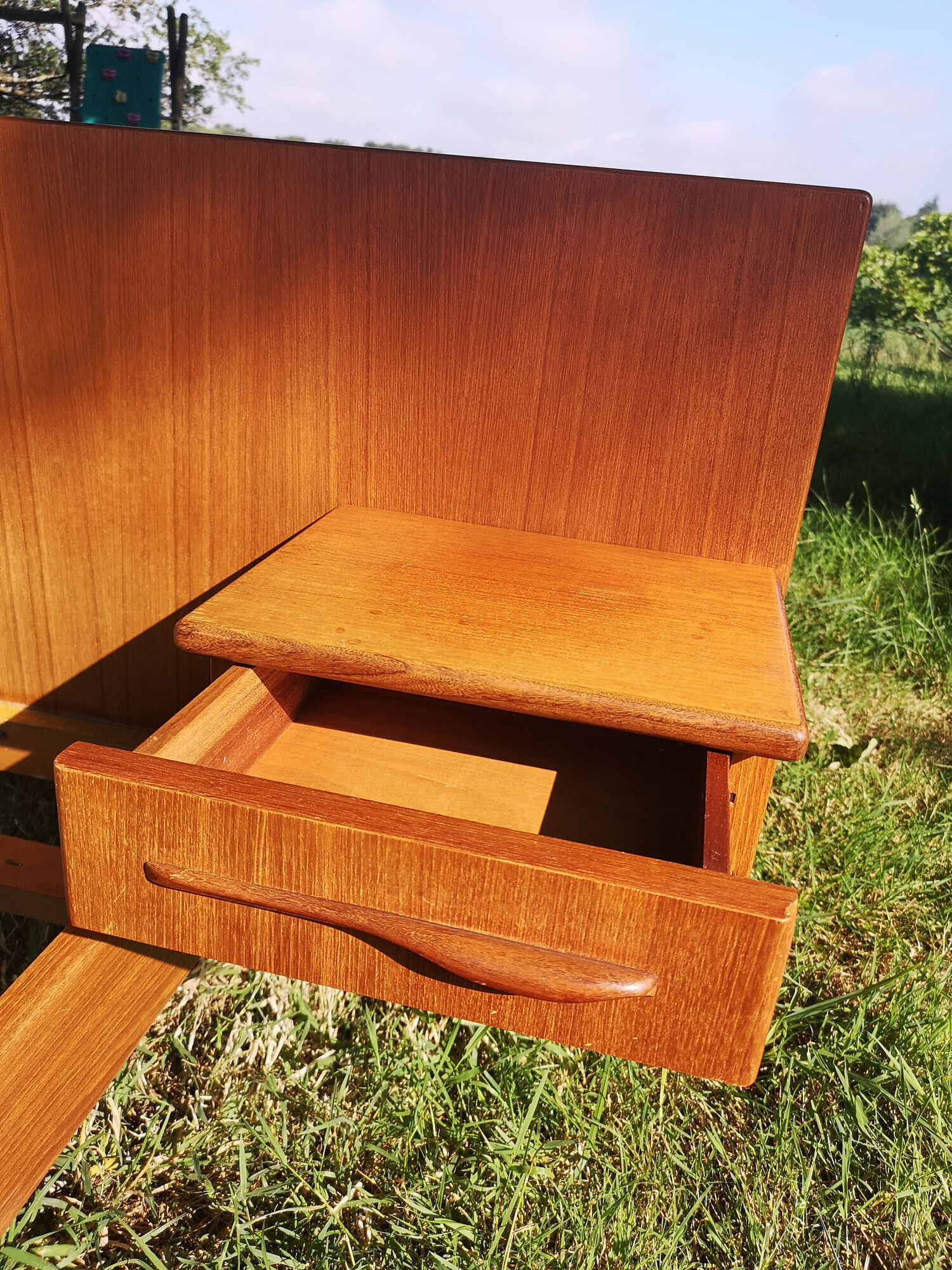 Vintage double double bed Exotic wood built-in hanging bedside tables
