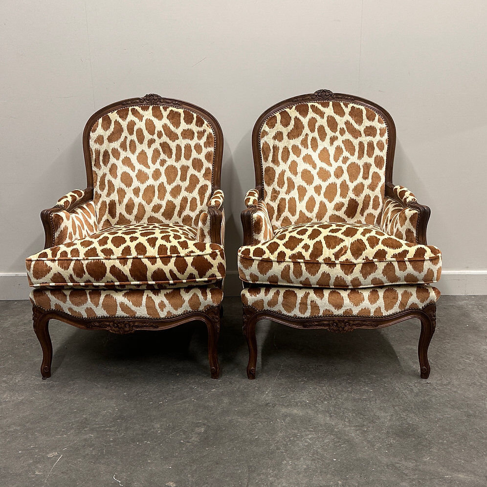 Pair of Louis XV style armchairs in giraffe velvet upholstery, France, 1950s