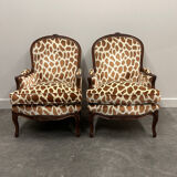 Pair of Louis XV style armchairs in giraffe velvet upholstery, France, 1950s