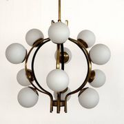 Stilnovo Italian Midcentury Chandelier, Brass & Opaline Glass, 1950s