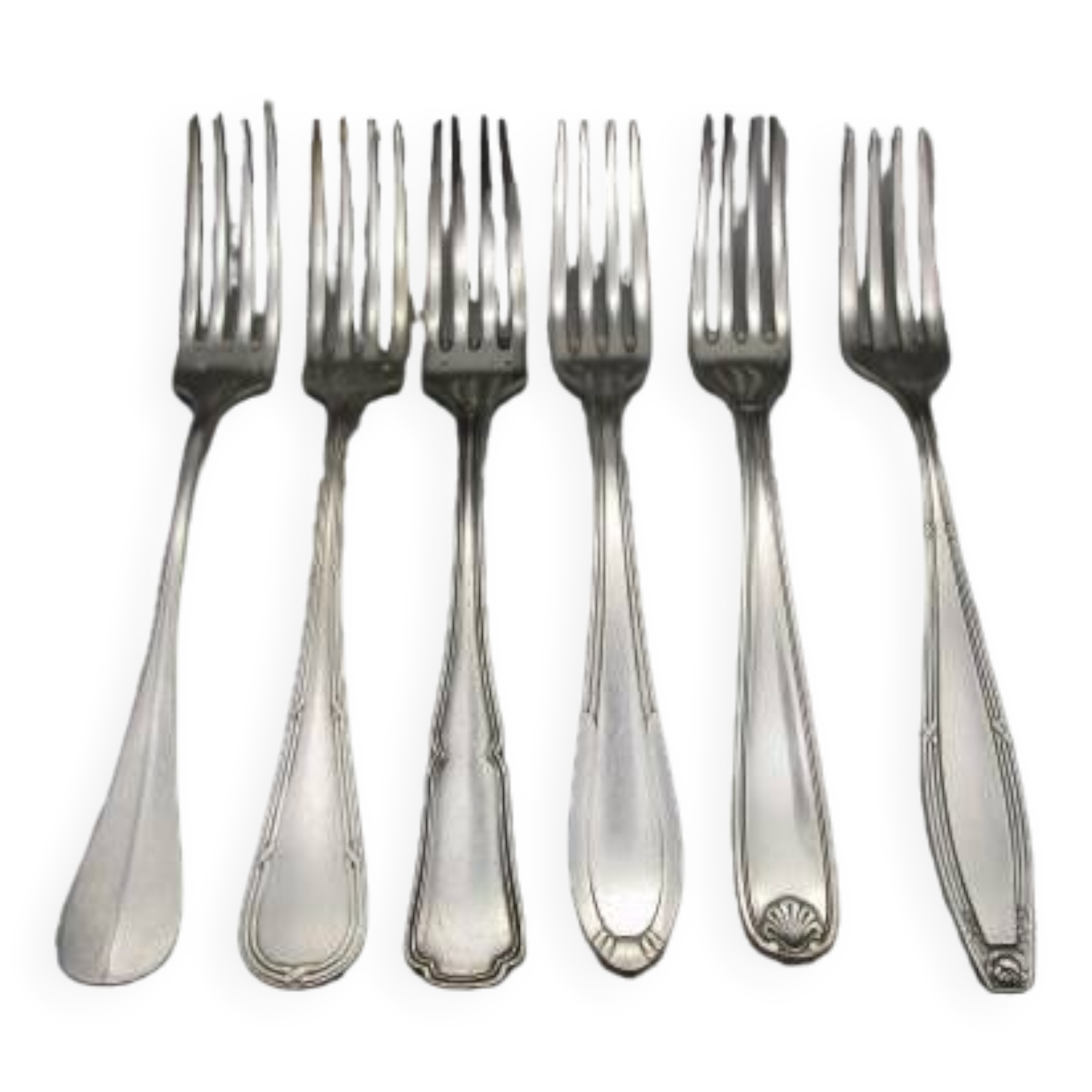 6 mismatched old silver metal forks for a chic table