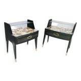 Pair of Dark Green Wooden Nightstands in 1950s Style with a Decorated Top,