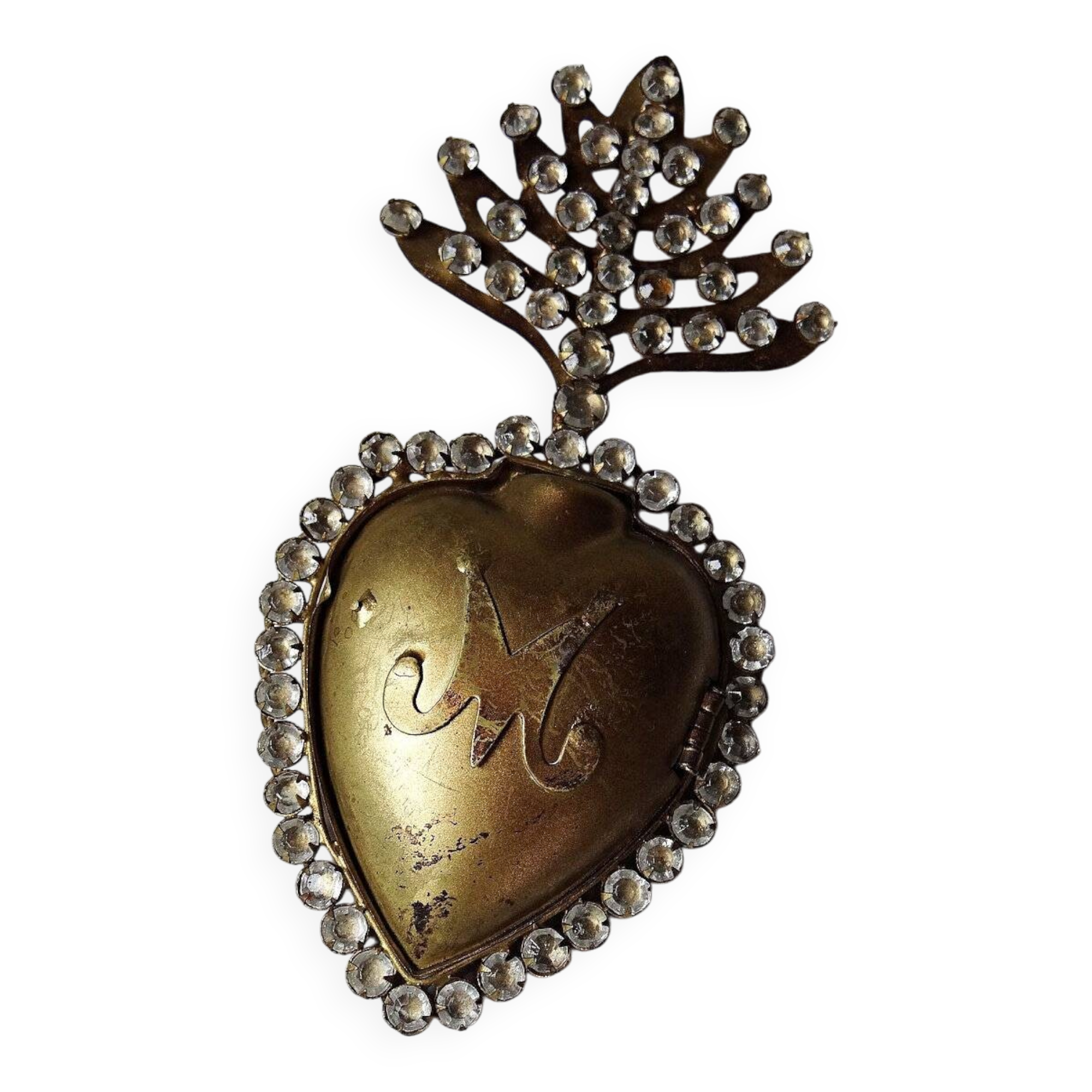 Ex-voto ancien cœur enflammé de Marie pomponne serti de strass, XIXe-XXe