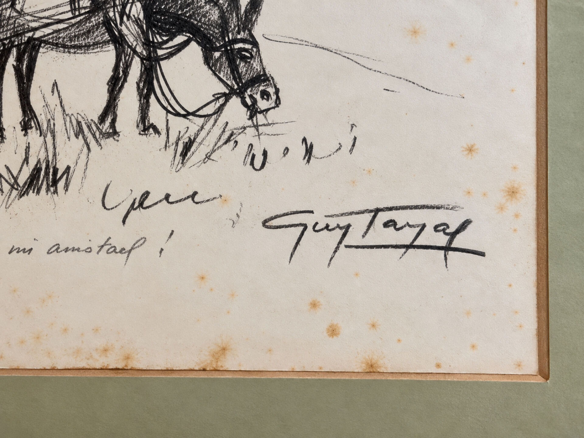 Dessin encadré original signé Guy Tayal âne attelé