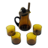 Service à Sangria Vintage en Verre Ambré et Bois
