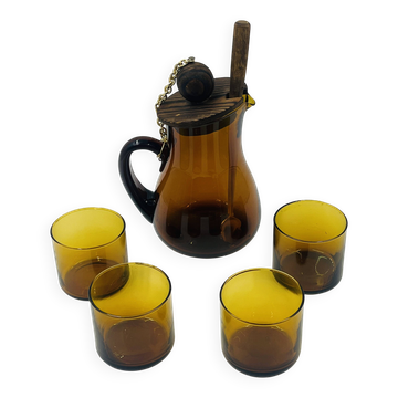 Service à Sangria Vintage en Verre Ambré et Bois