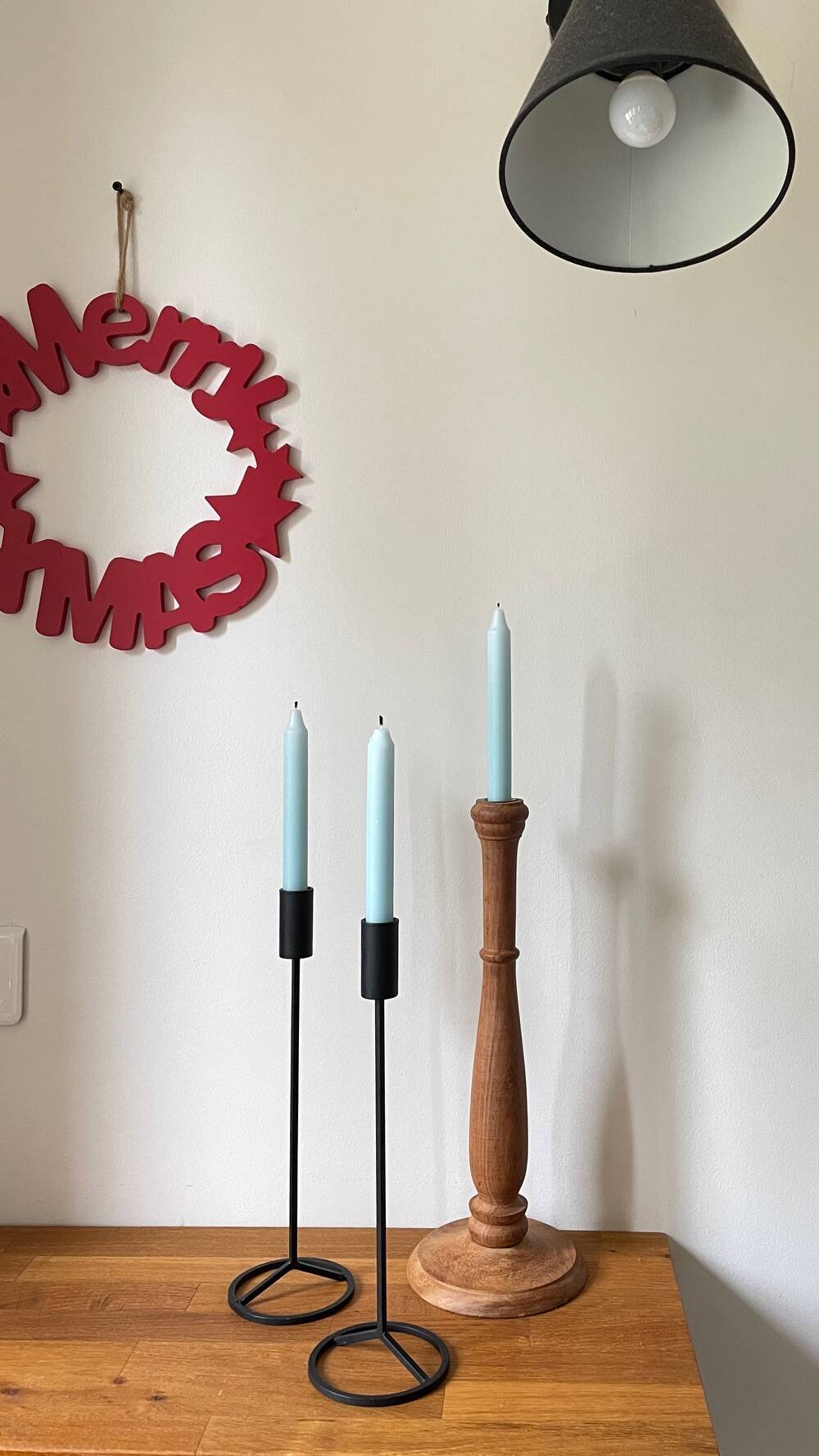 Trio of Vintage Teak and Steel Candlesticks