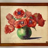 Tableau ancien, nature morte aux coquelicots, années 60