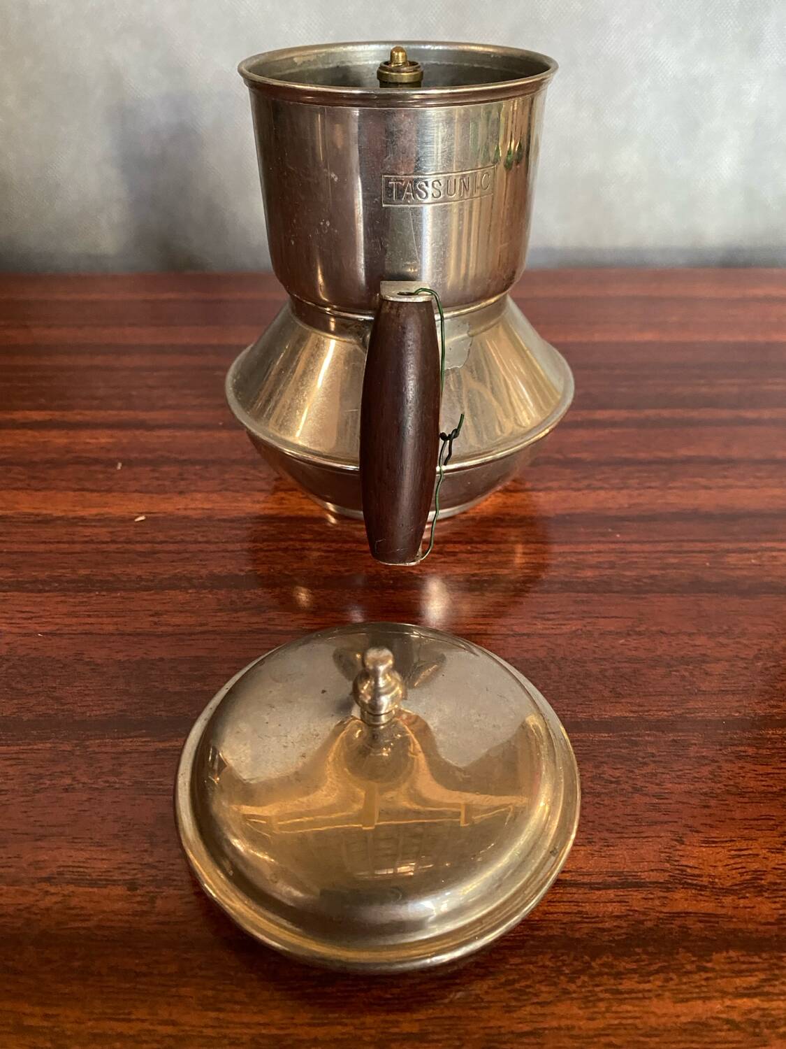 Antique TASSUNIC Teapot Silver Metal + Wooden Handle United France Vintage