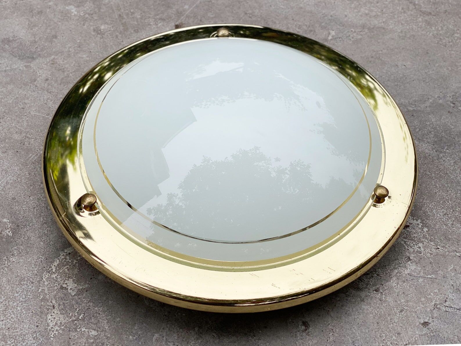 Vintage round ceiling lamp brass & white glass, Gold, Hollywood Regency, Wall sconce