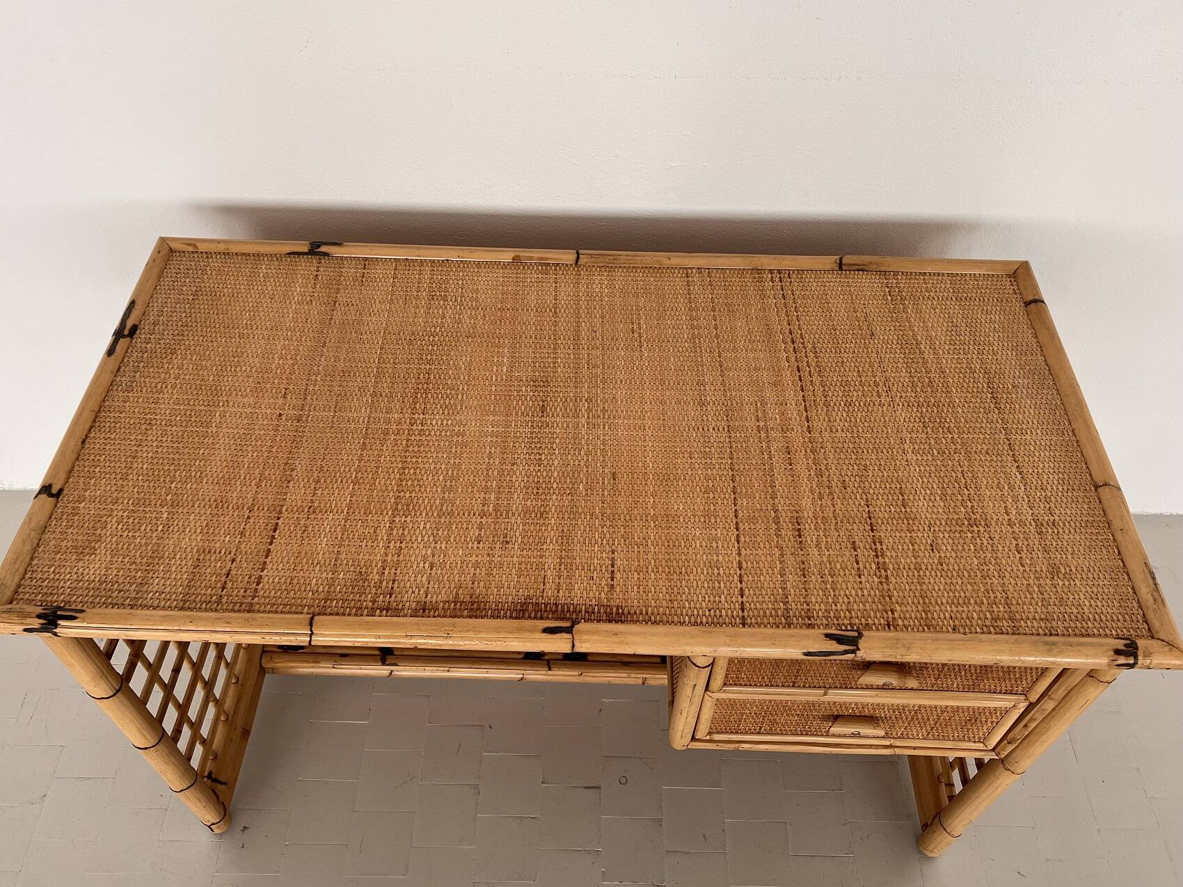 Italian Bamboo and Rattan Desk or Vanity with two Drawers, 1970s