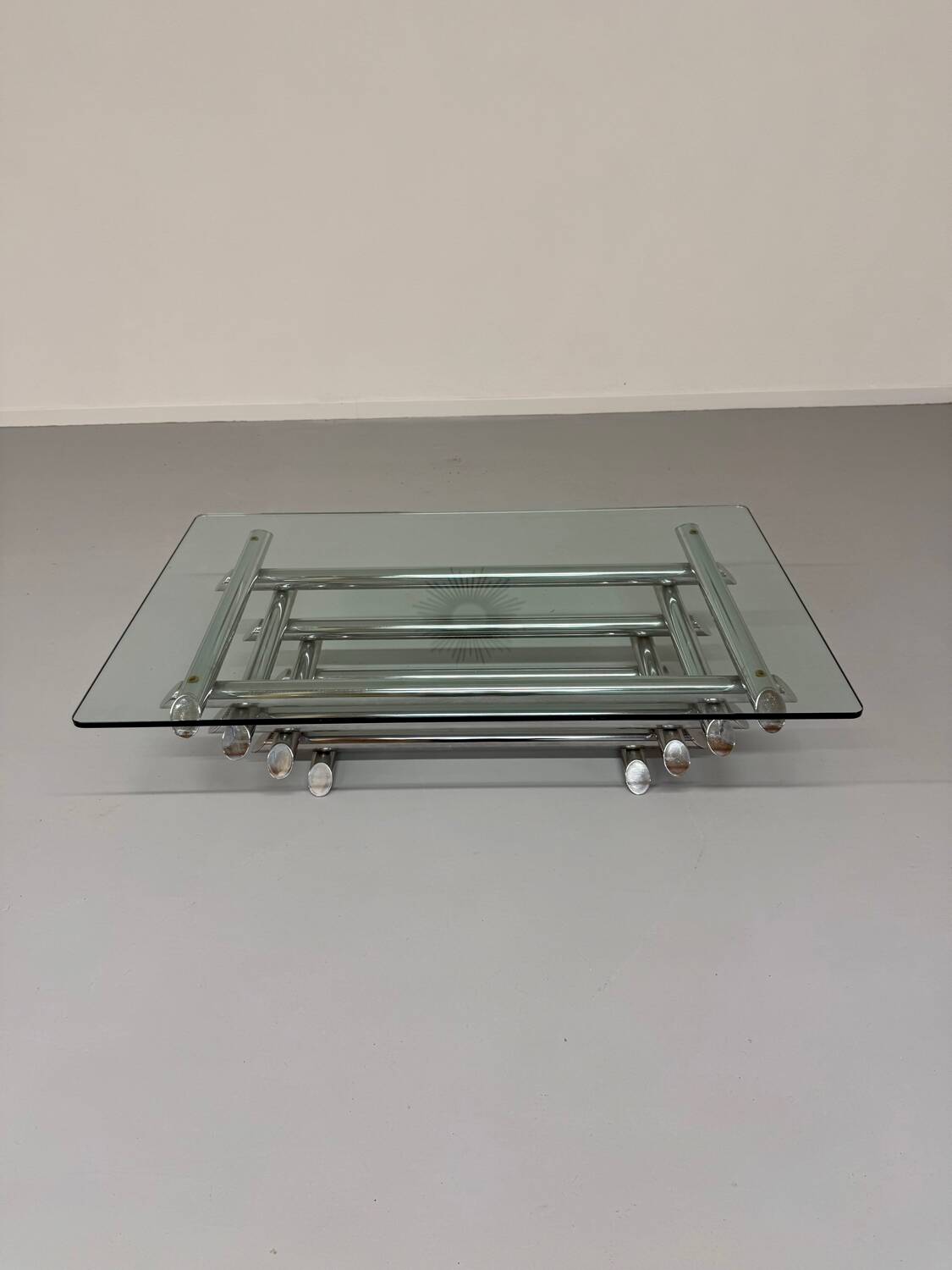 Space coffee table from the 70s, tubular metal and glass, Italian design