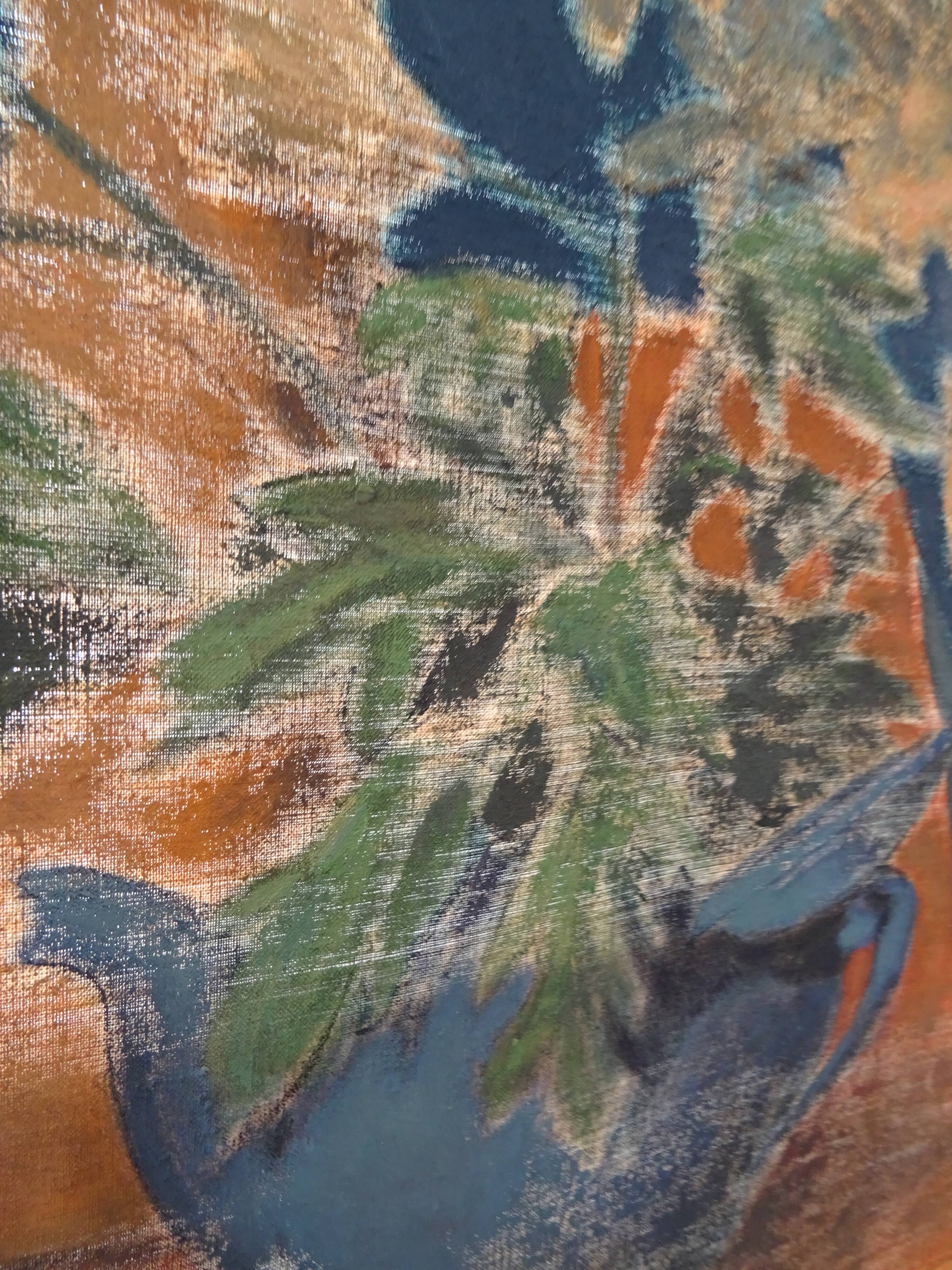 Tableau nature morte au bouquet de fleurs et légumes HST signé