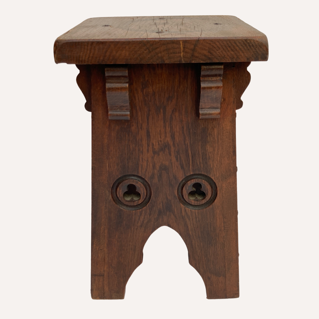 Brutalist set of 2 neo gothic oak stools ( pair ), midcentury , Spain
