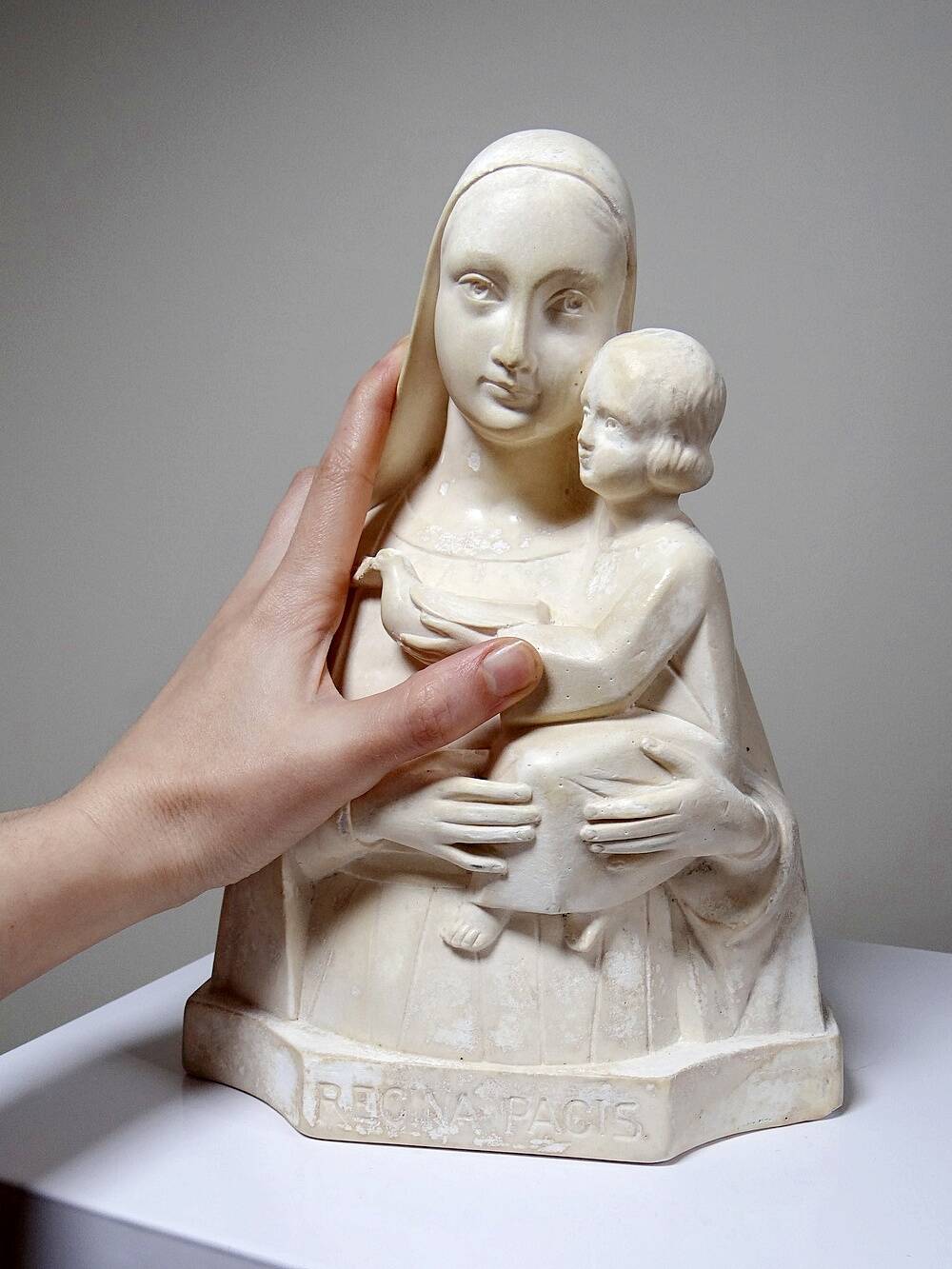 Bust of the Virgin and Child, waxed plaster, old art deco style, PP Deposited