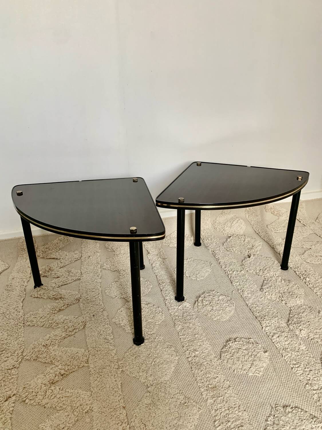 Pair of vintage 1960s side tables – wood veneer & brass, metal legs