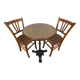 oak tray table with cast iron legs and pair of bistro chairs
