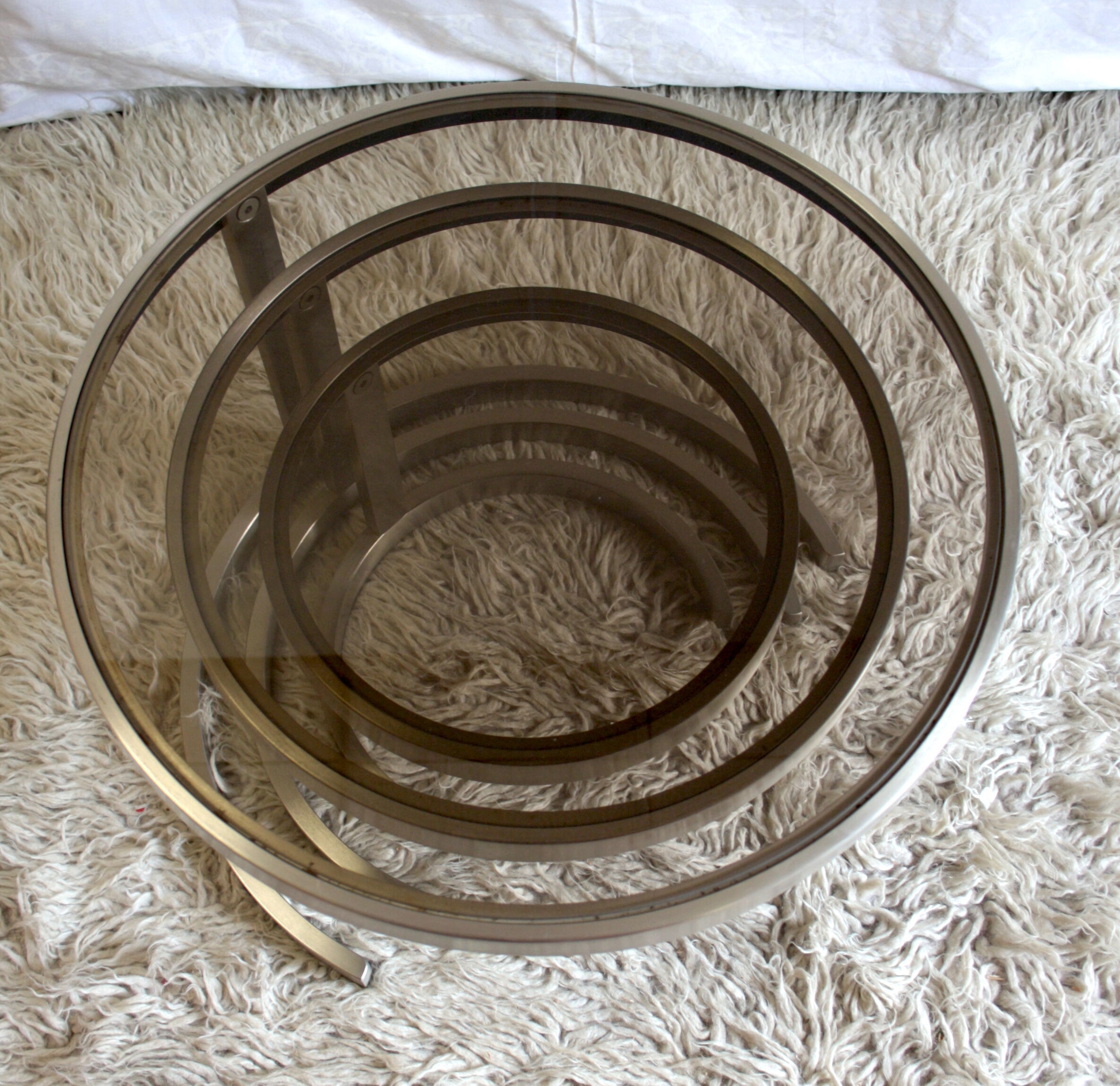Pull-out tables (x 3) steel and glass smoked - 70s