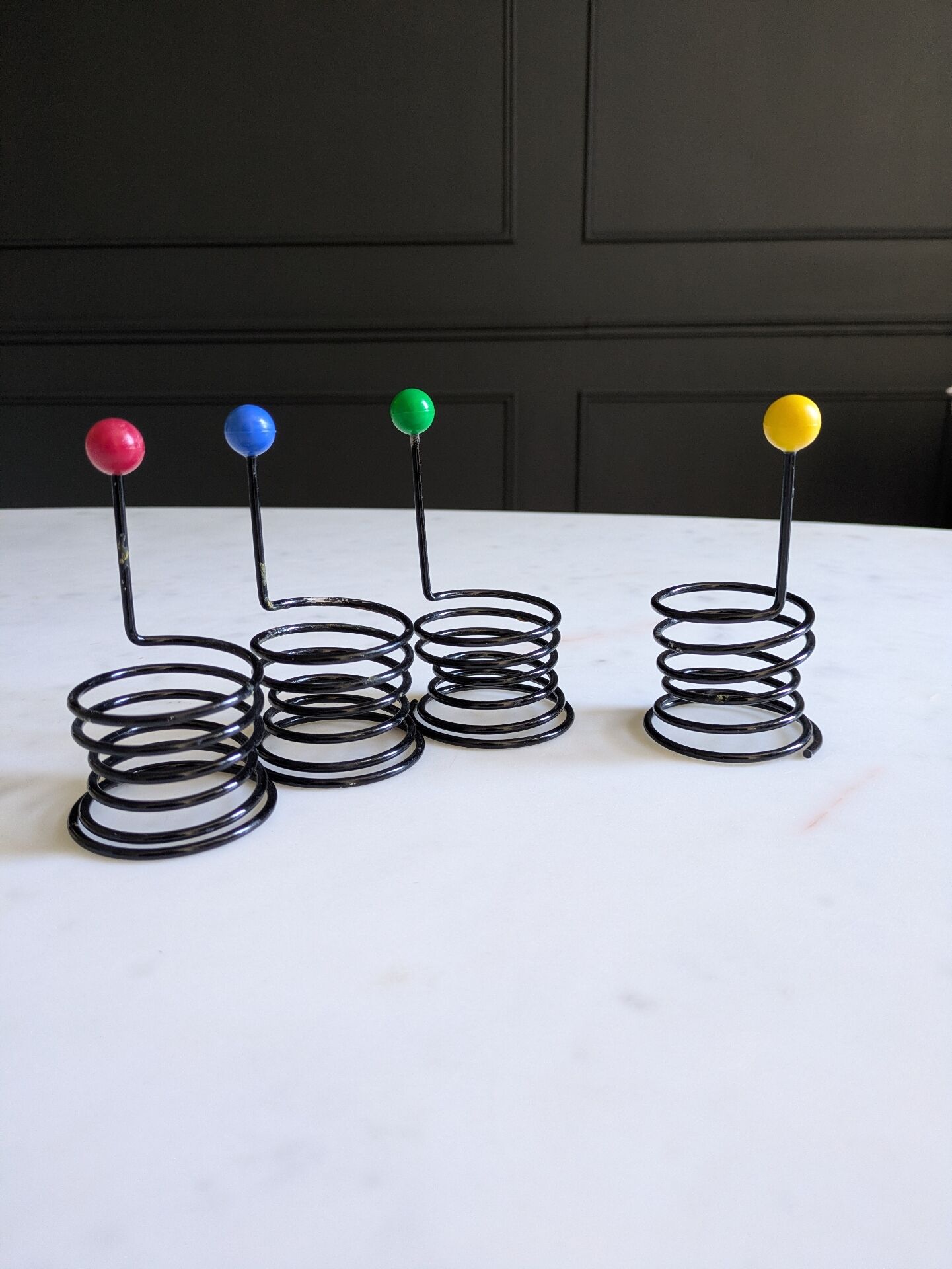 Set of egg cups "Egg Boy" by Wang and Merlo. Memphis design 80s.