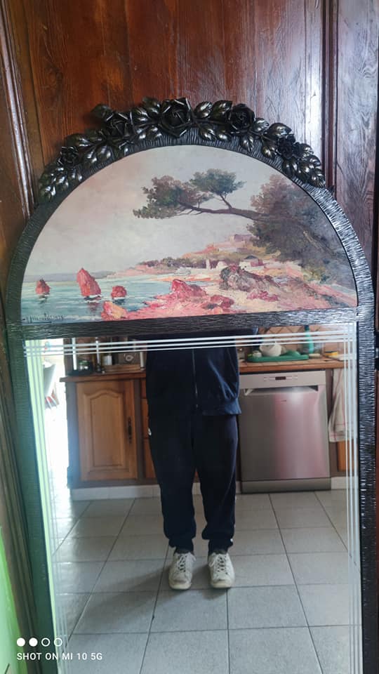 Overmantel mirror from the decorative arts period, 1929, in hammered wrought iron, 75x160cm