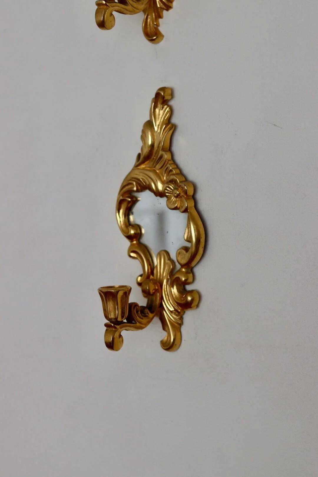 Pair of vintage brass wall lights with mirror