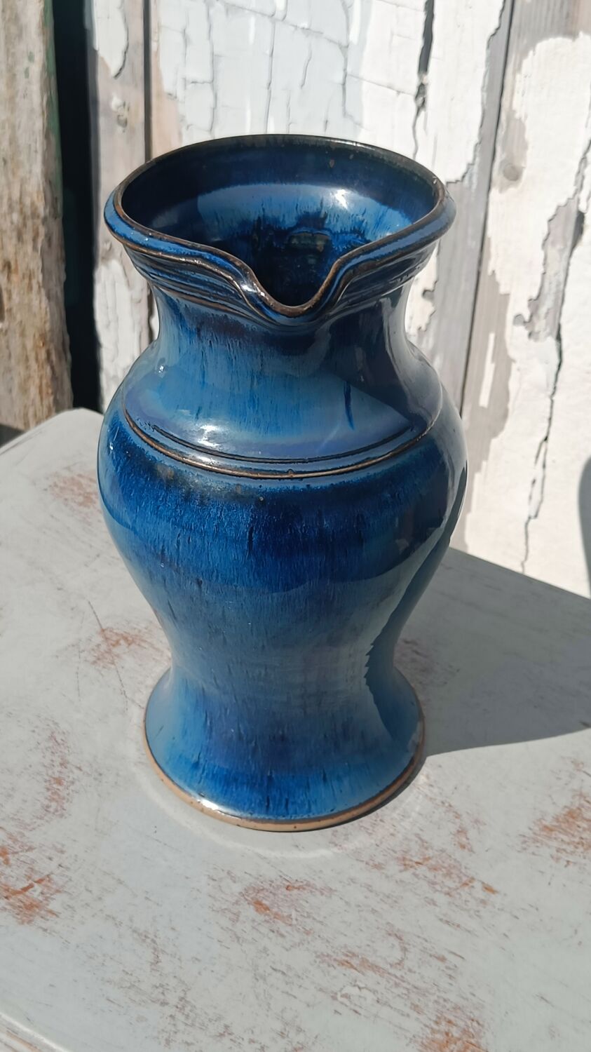 Vase, blue glazed ceramic jug – vintage handmade pottery