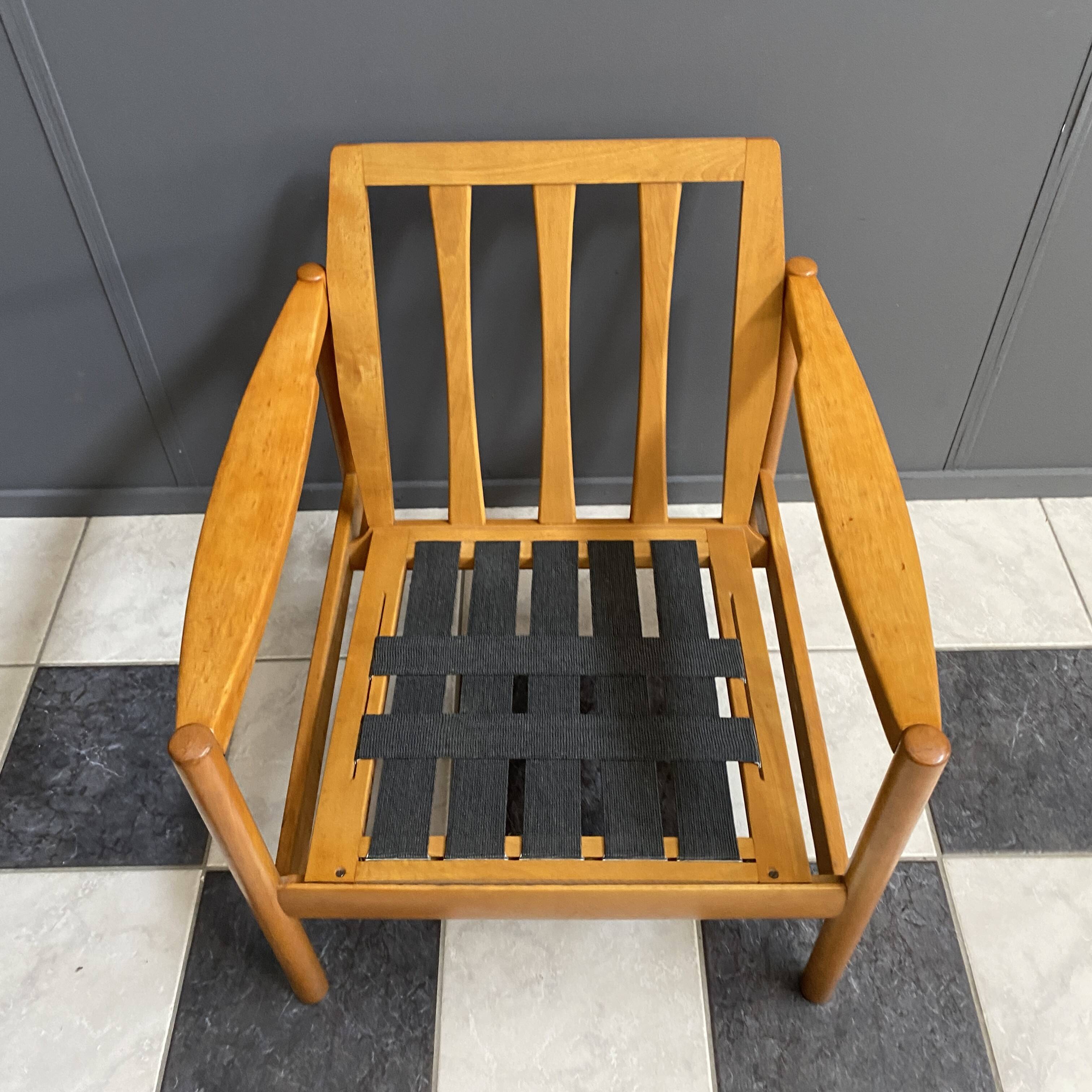 Wood arm chair reupholstered in blue fabric 1960s