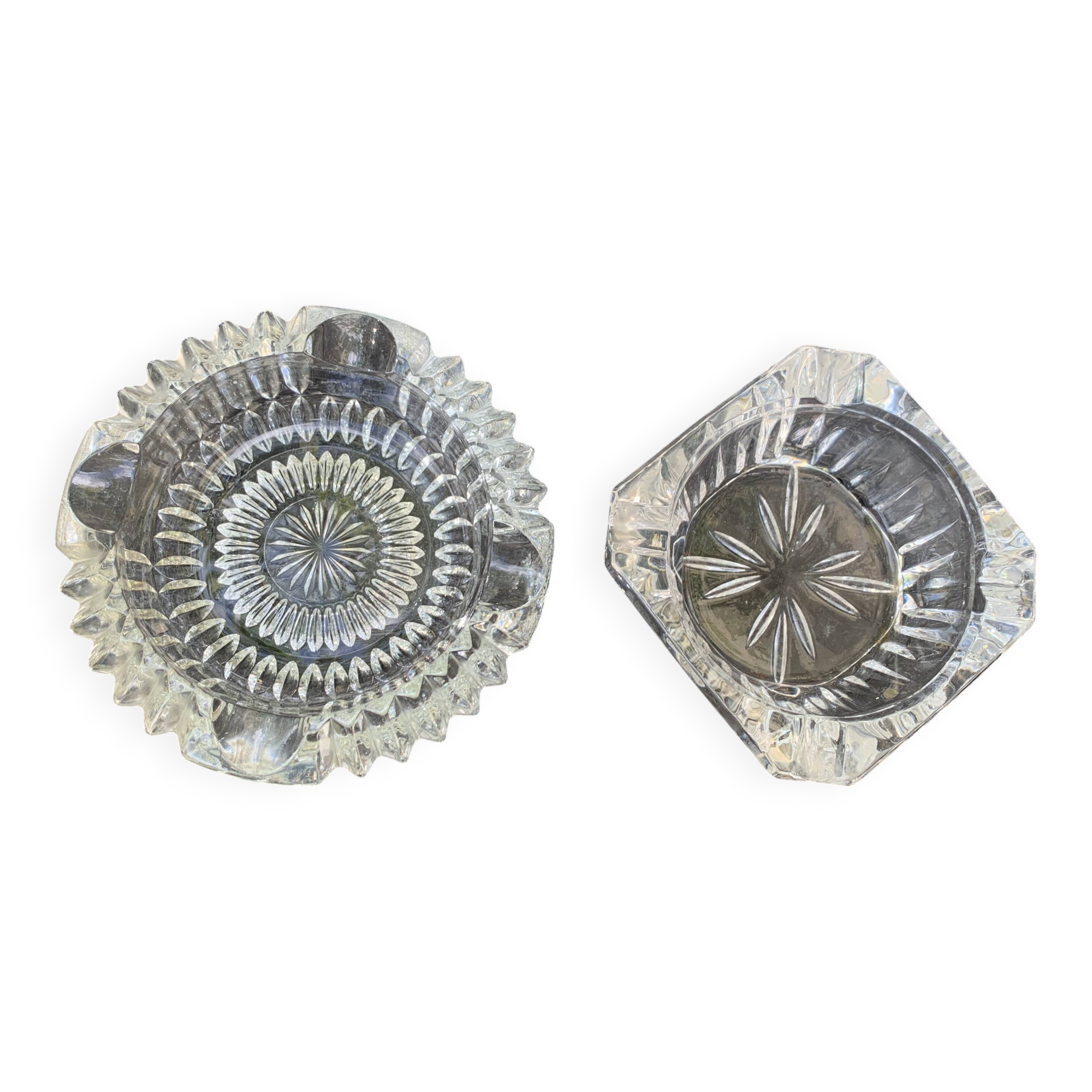 Set of two elegant vintage transparent glass and crystal ashtrays
