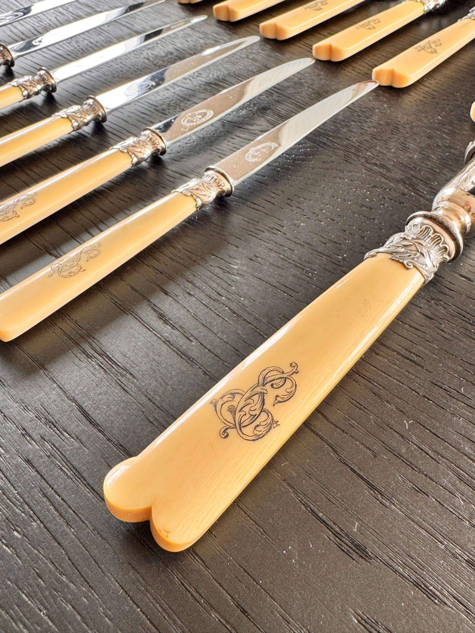 12 Robert Linzeler knives and leg of lamb set for Jules Piault Paris