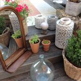 Arched rattan mirror with shelf/vintage 60s-70s