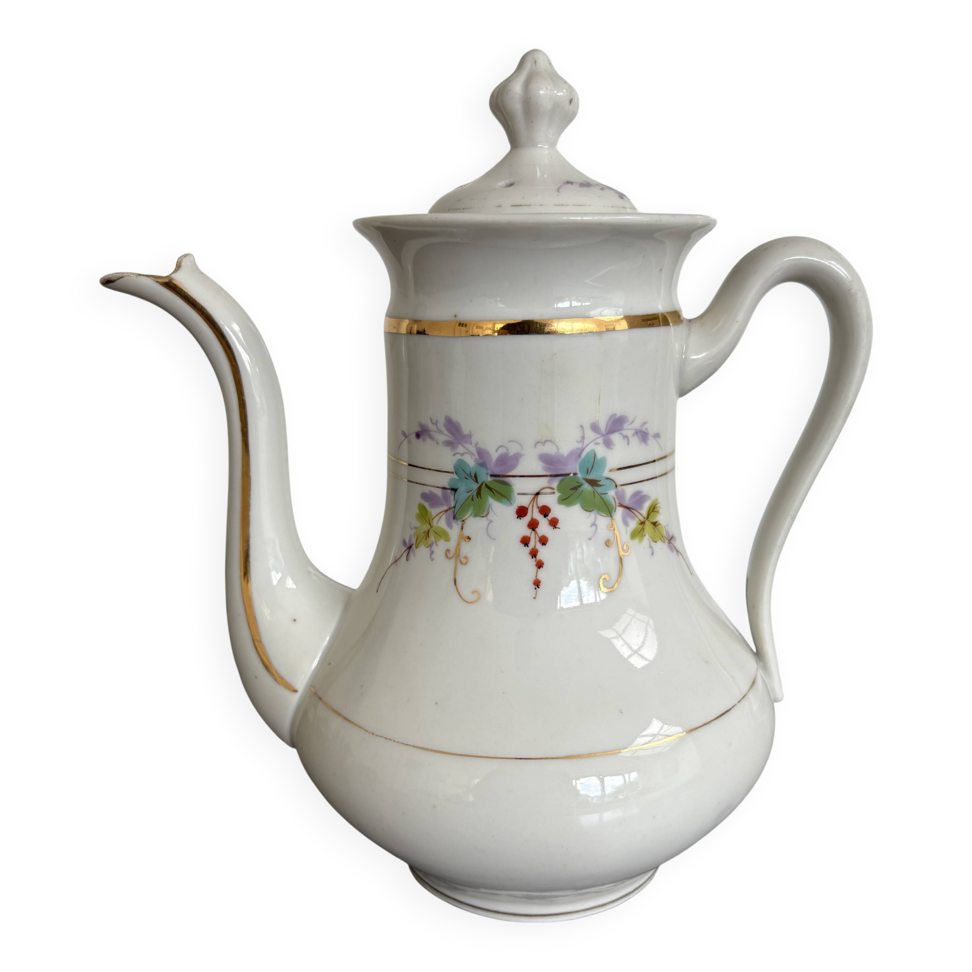 Porcelain Coffee Pot Decorated with Currants - Vintage 1900
