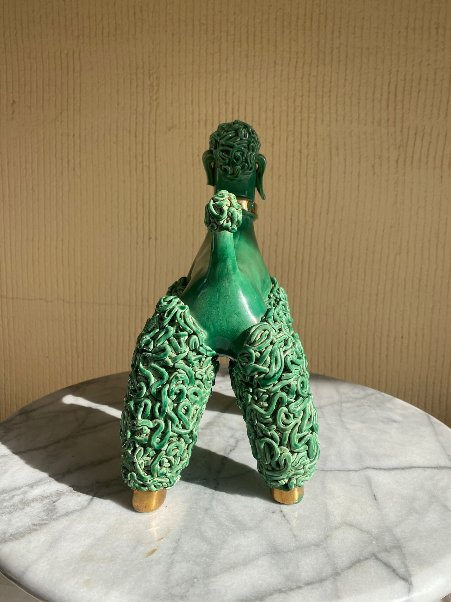 Large green glazed ceramic spaghetti poodle from the 60s.