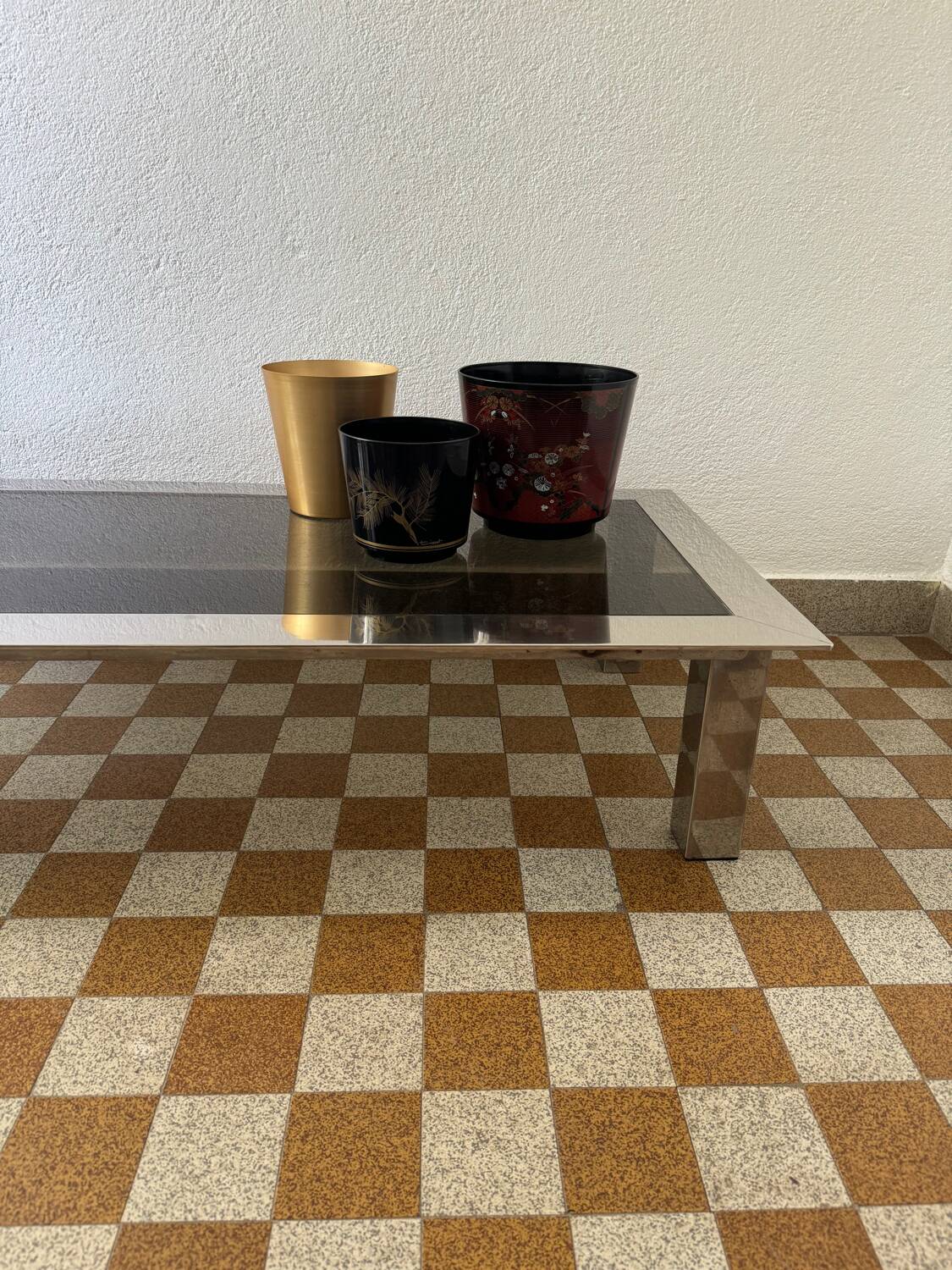 Rectangular coffee table in chrome steel and smoked glass from the 70s