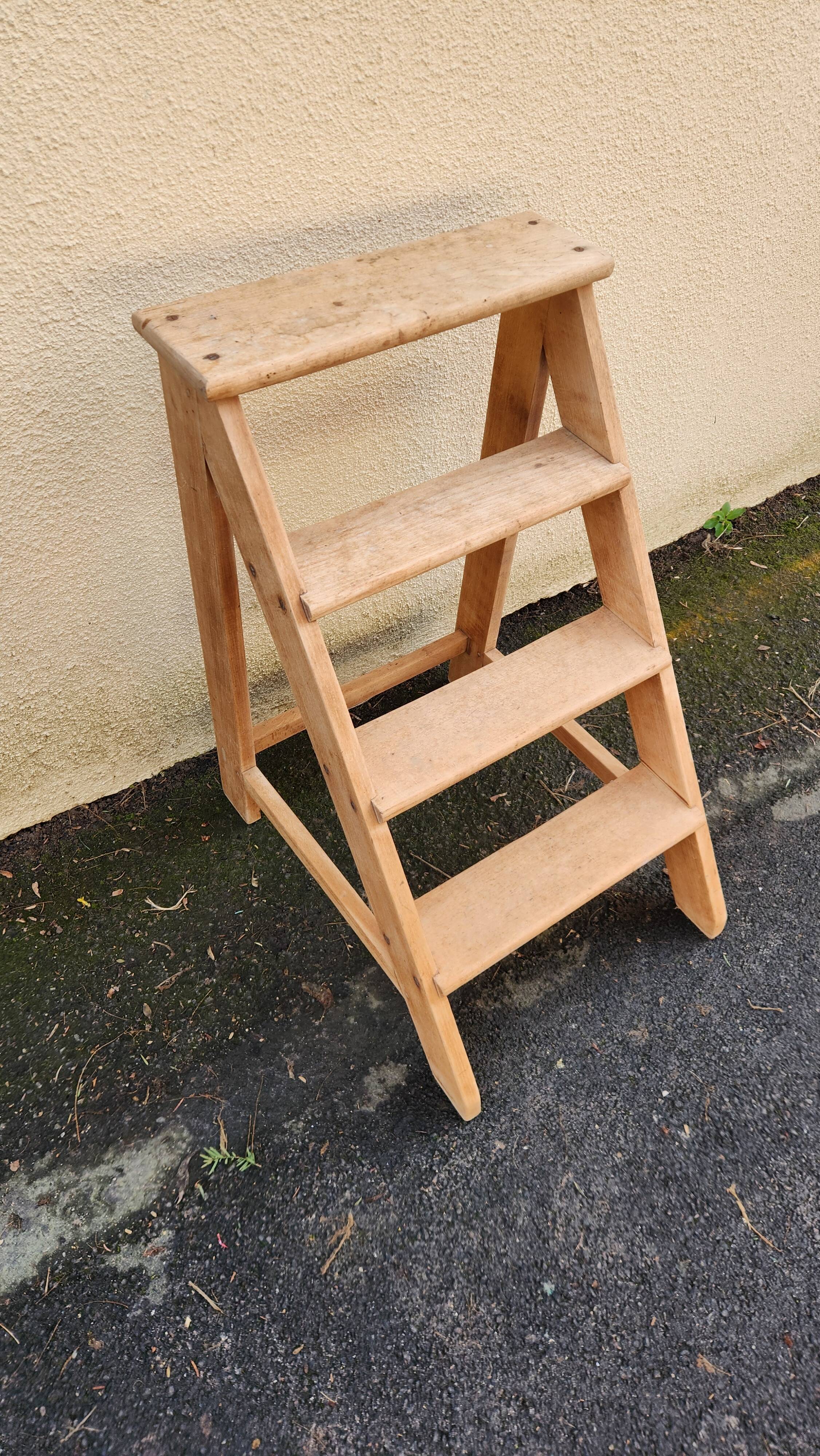 Solid wood step stool, sanded, from the 1960s-1970s.