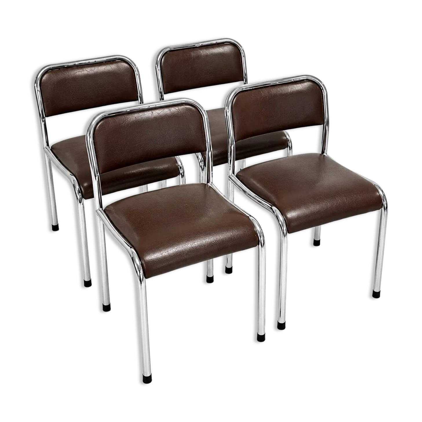 Set of 4 vintage dining chairs in chrome, brown faux leather, 1970s.