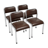 Set of 4 vintage dining chairs in chrome, brown faux leather, 1970s.