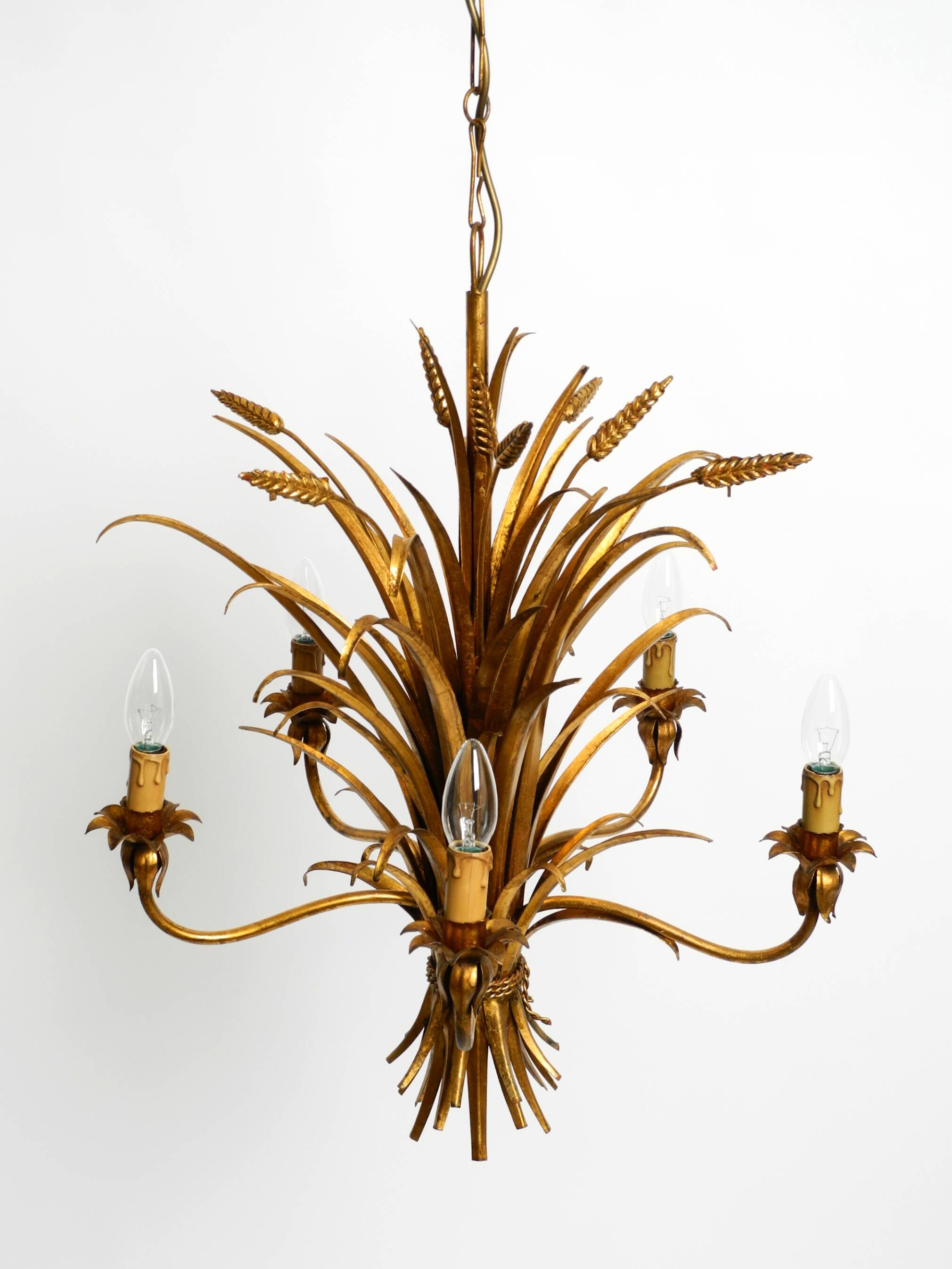 Beautiful huge 1970s gold-plated 5-arm tall metal chandelier by Hans Kögl