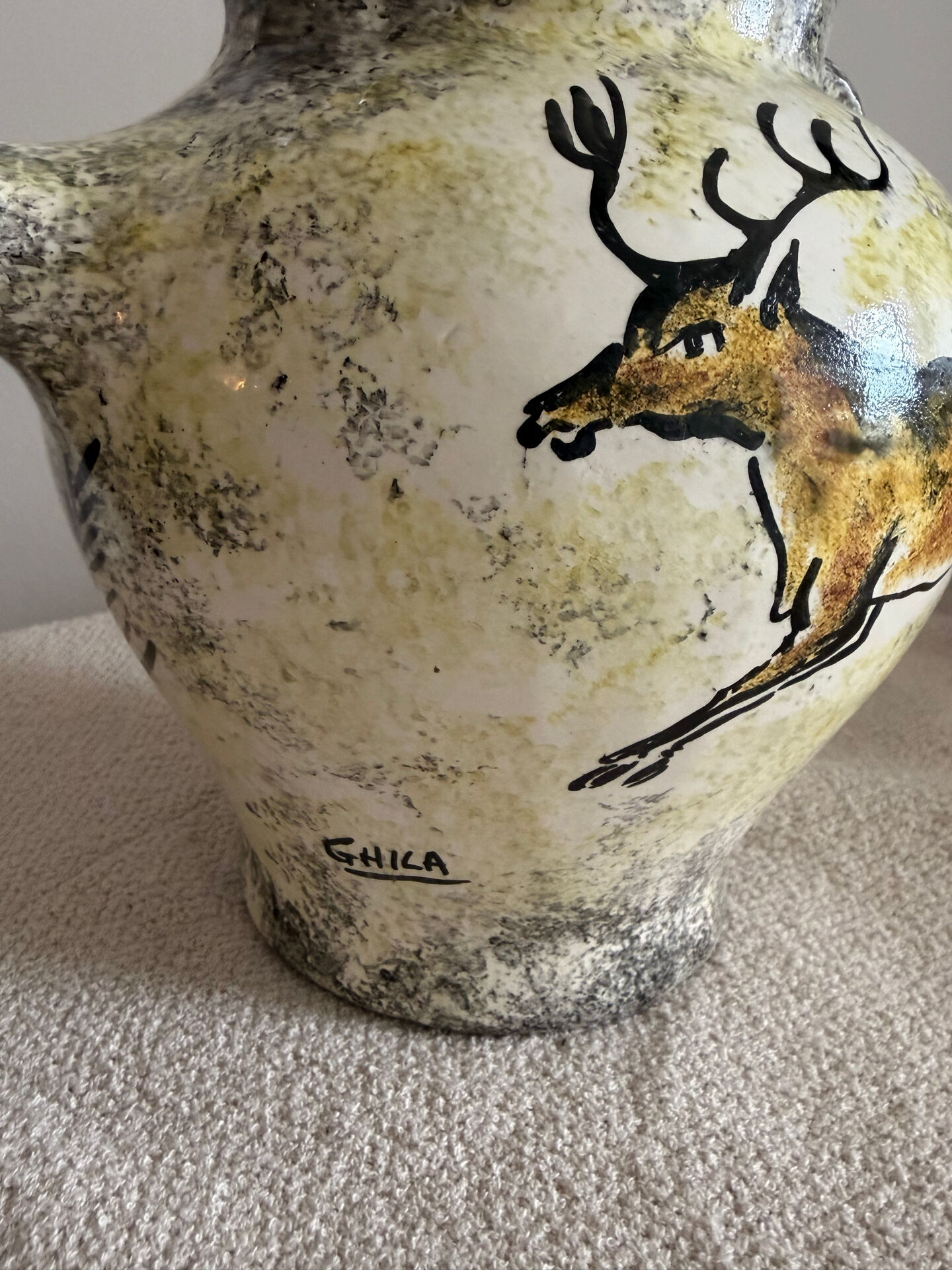 Vintage French Studio Ceramic Pitcher by Ghila – Lascaux Cave Art Styl