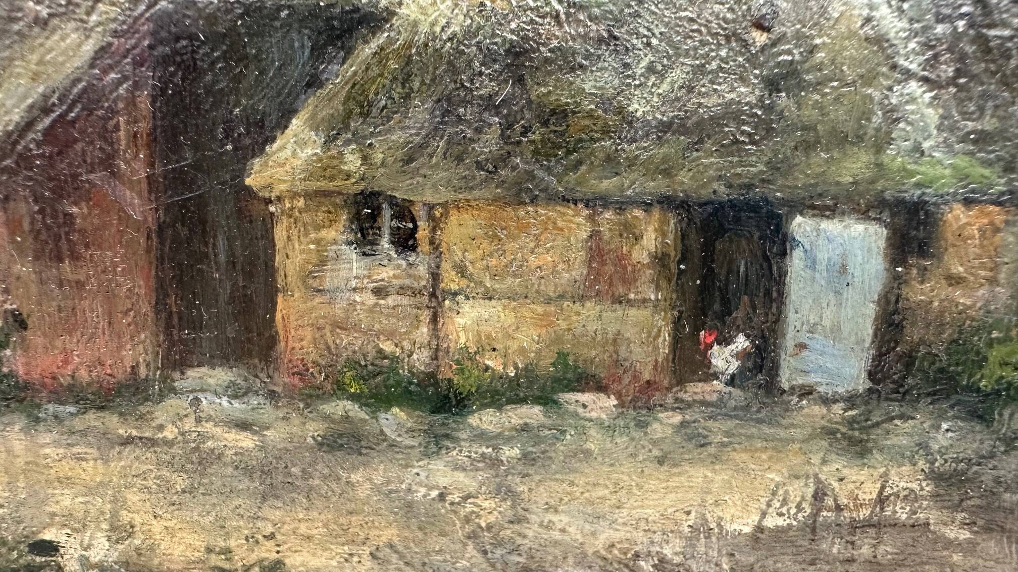 Petite huile sur toile vintage "La ferme et sa basse-cour "