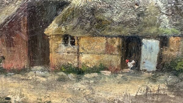 Petite huile sur toile vintage ''La ferme et sa basse-cour